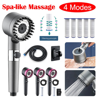 High Pressure Showerhead 4 Modes Water Saving Pressurized Shower Head Massage and Skin Beauty Multifunctional Shower Head